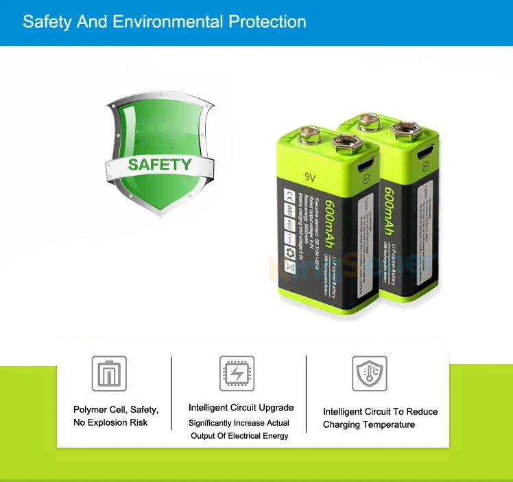 9V 600mAh USB Rechargeable 6F22 Battery for Walkie-Talkie Thermometry Gun Smoke Detector