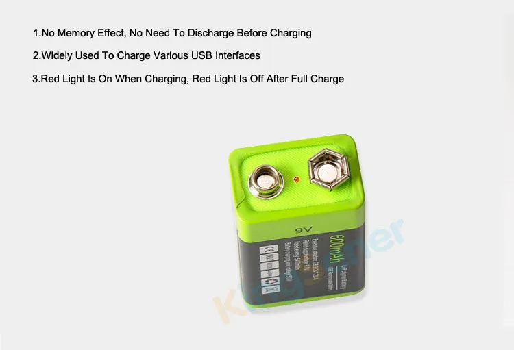 9V 600mAh USB Rechargeable 6F22 Battery for Walkie-Talkie Thermometry Gun Smoke Detector