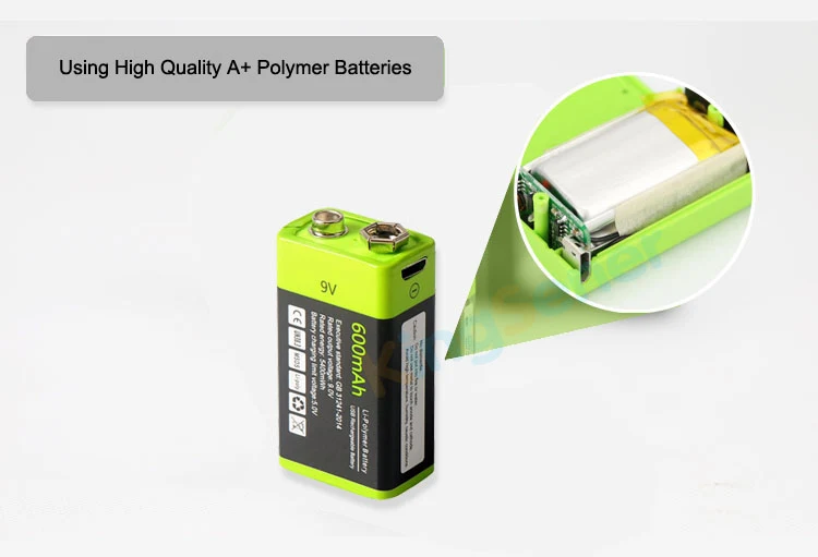 9V 600mAh USB Rechargeable 6F22 Battery for Walkie-Talkie Thermometry Gun Smoke Detector