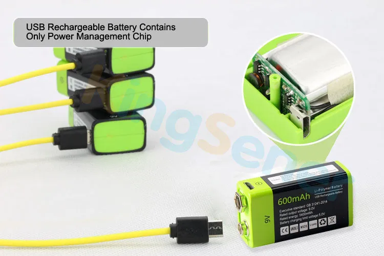 9V 600mAh USB Rechargeable 6F22 Battery for Walkie-Talkie Thermometry Gun Smoke Detector