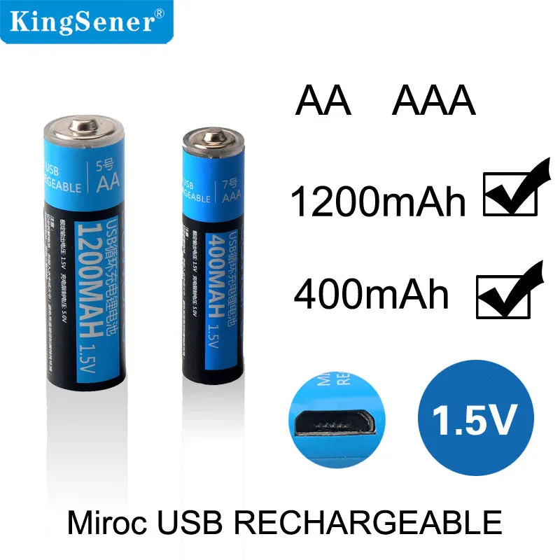 2-Pack USB Rechargeable AA AAA Batteries — 1.5V 1200mAh/400mAh Li-polymer with Micro USB