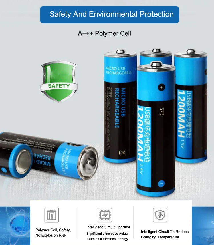 2-Pack USB Rechargeable AA AAA Batteries — 1.5V 1200mAh/400mAh Li-polymer with Micro USB