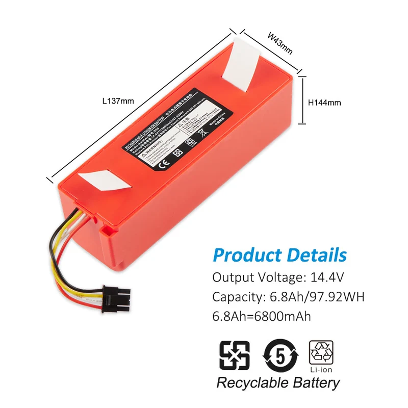 S50 S51 S55 Battery Replacement for Xiaomi Mi Robot Vacuum / Roborock — 14.4V 5200mAh
