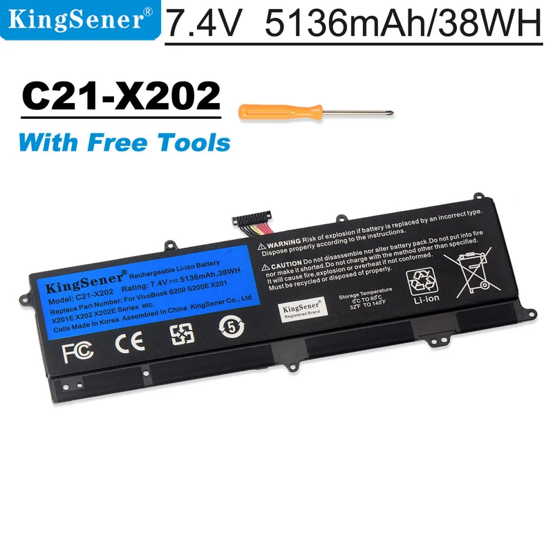 C21-X202 Battery for ASUS VivoBook S200 S200E X201 X201E X202 X202E — 7.4V 38Wh
