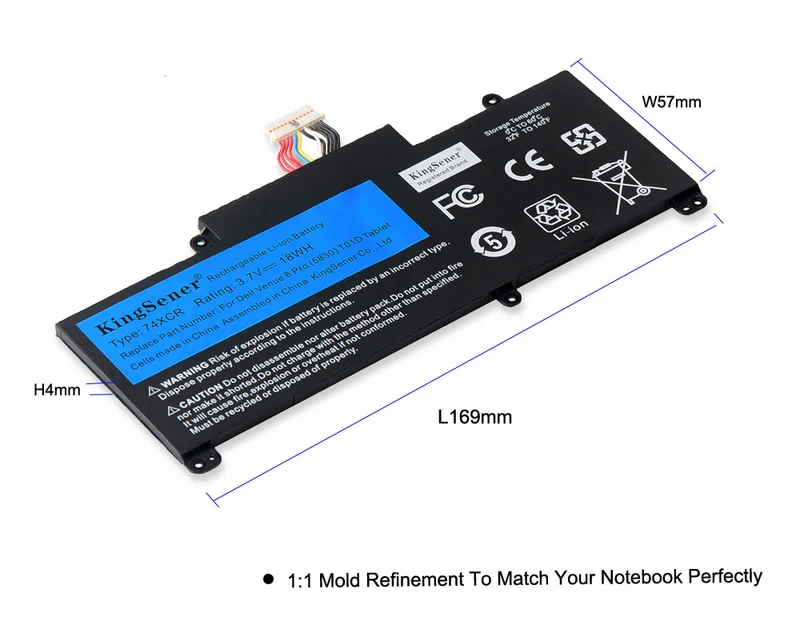 74XCR / 074XCR Battery Replacement for Dell Venue 8 Pro 5830 T01D VXGP6 X1M2Y Tablet — 3.7V 18Wh