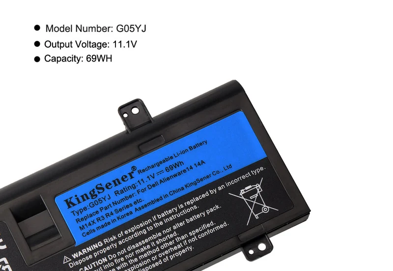 G05YJ Laptop Battery Replacement for Dell Alienware 14 A14 M14X R3 R4 P39G — 11.1V 69Wh