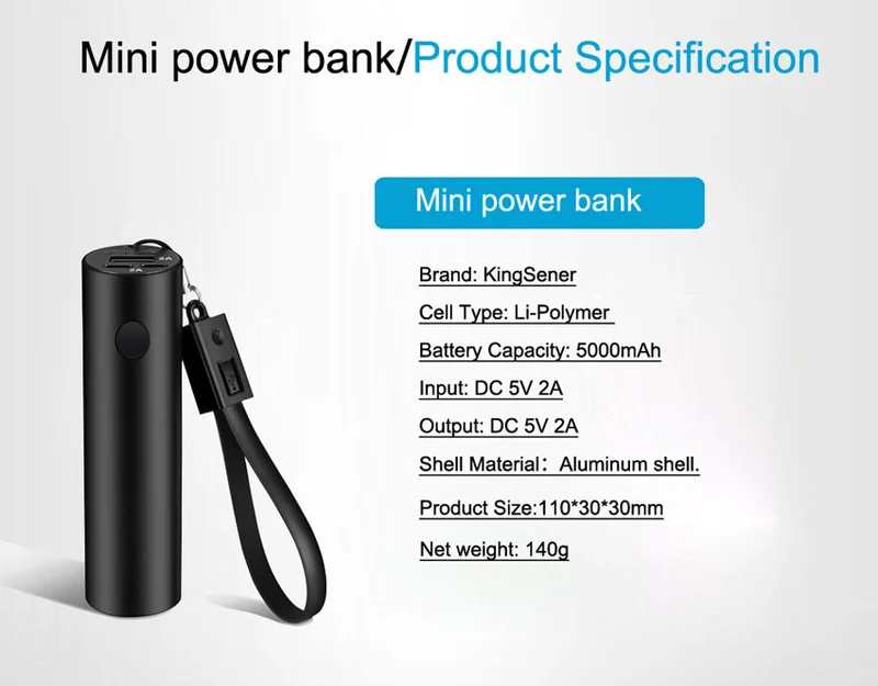 5000mAh Mini Power Bank with Flashlight — 5V 2A Li-Polymer for iPhone Samsung Xiaomi
