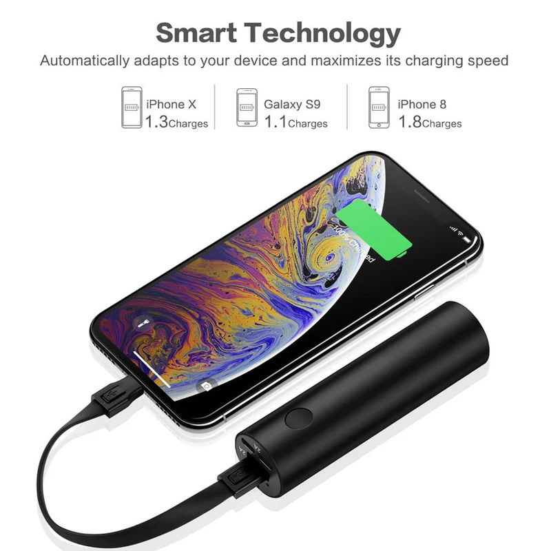 5000mAh Mini Power Bank with Flashlight — 5V 2A Li-Polymer for iPhone Samsung Xiaomi