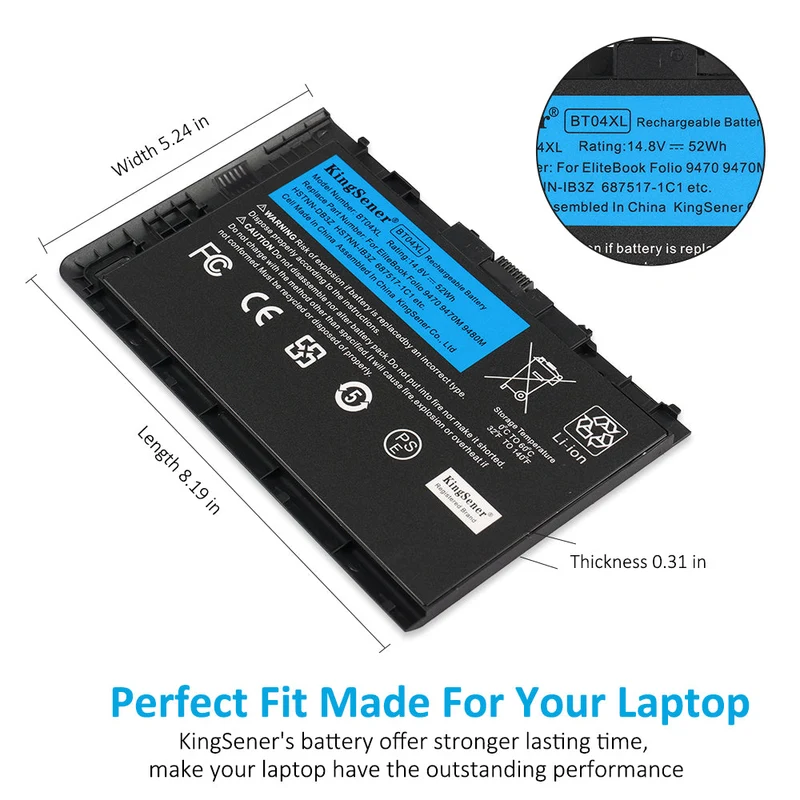 BT04XL Replacement Battery for HP EliteBook Folio 9470M 9480M — 14.8V 52Wh