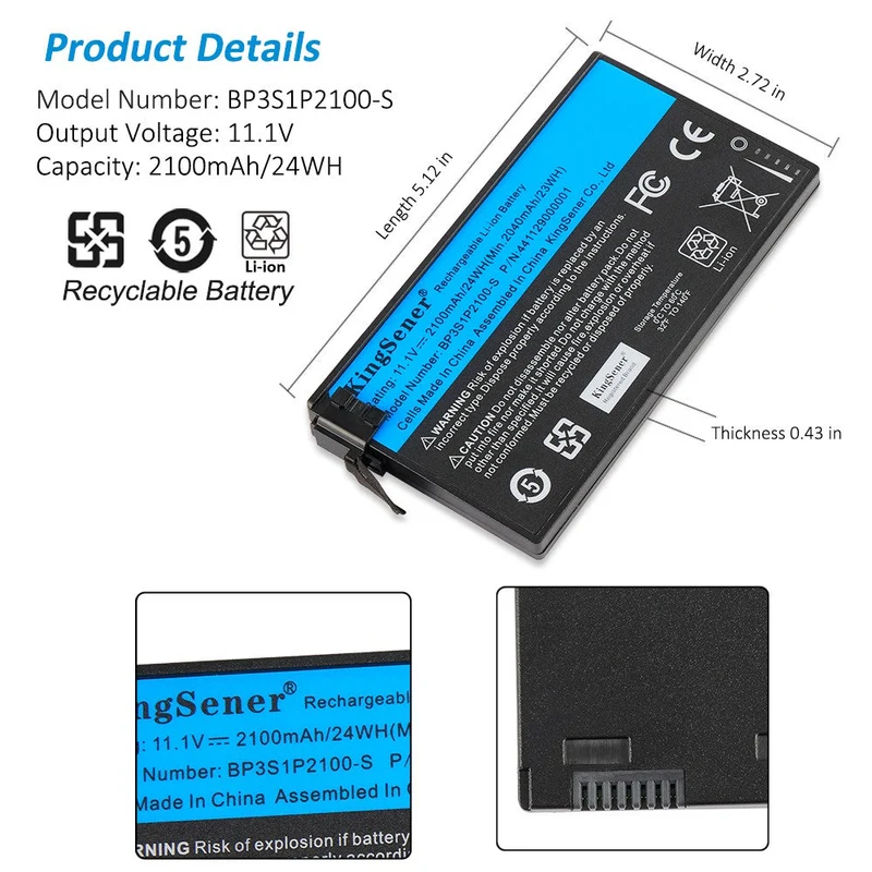 BP3S1P2100-S Replacement Battery for Getac V110 Rugged Notebook, 11.1V 24Wh