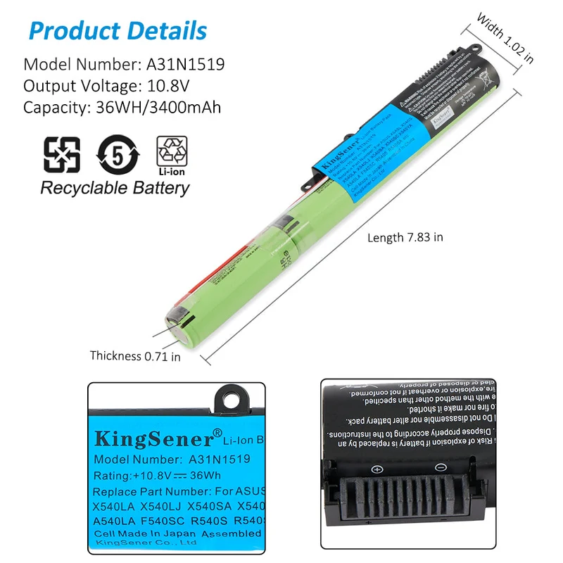 A31N1519 Replacement Battery for ASUS X540 X540L X540LA X540SA X540SC A540 F540 R540S, 36Wh 10.8V