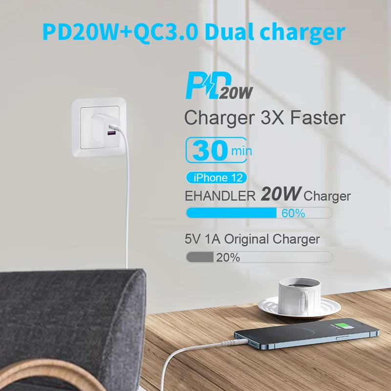 USB-C PD 20W+USB Dual Power Adapter 1.5M USB-C to Lightning Cable