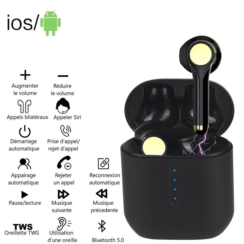 Ecouteurs Bluetooth sans Fil - Noir embouts dores