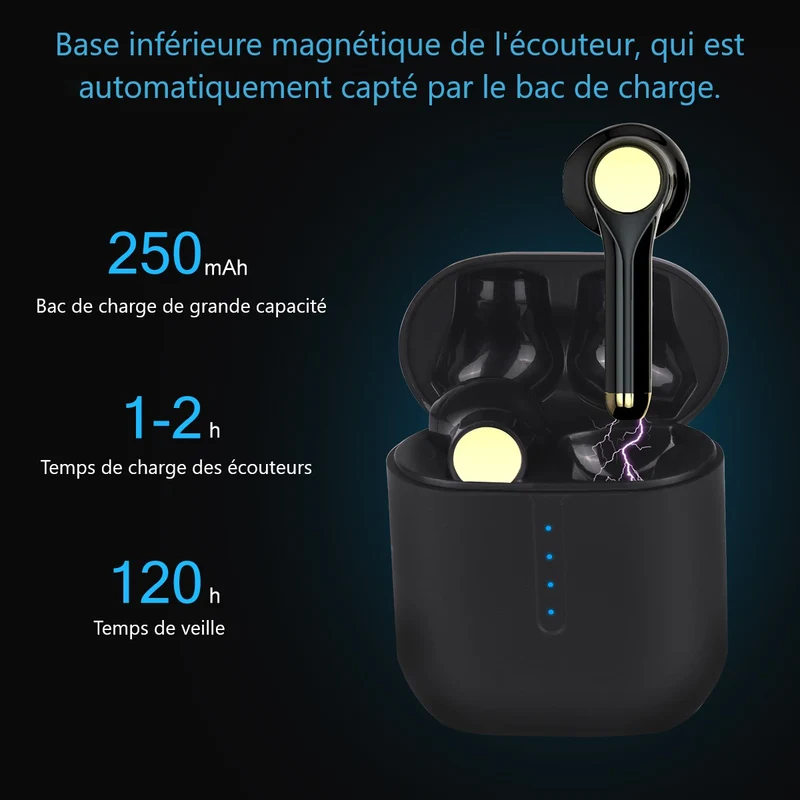Ecouteurs Bluetooth sans Fil - Noir embouts dores