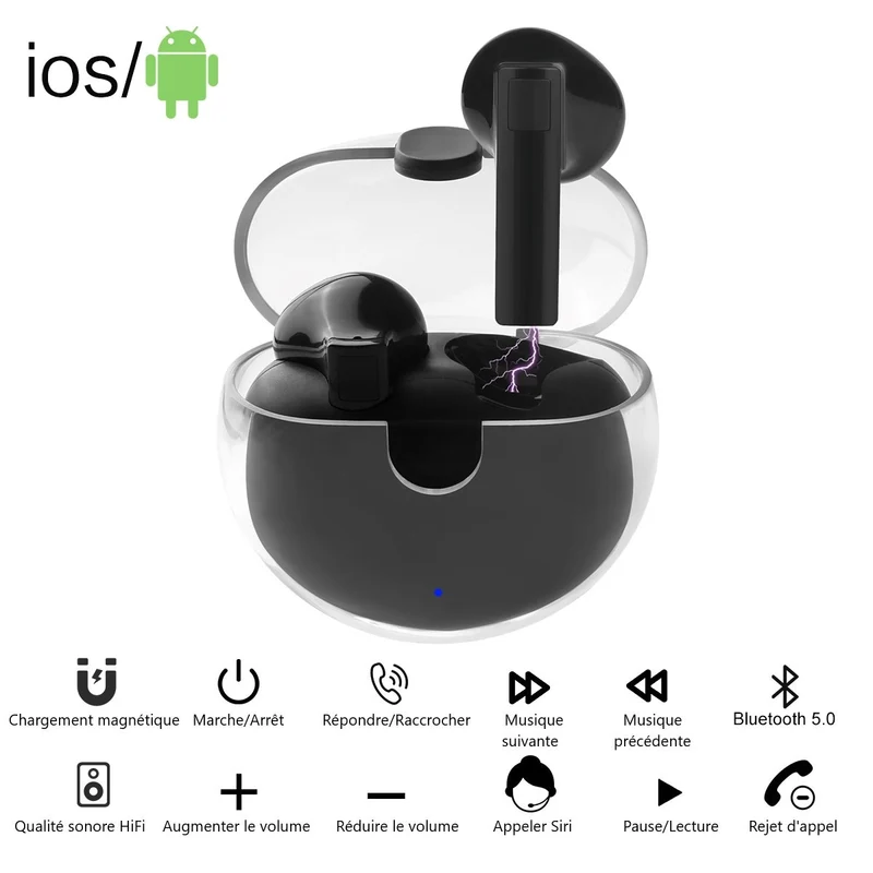 Ecouteurs Bluetooth avec Reduction de Bruit - Noir boitier transparent