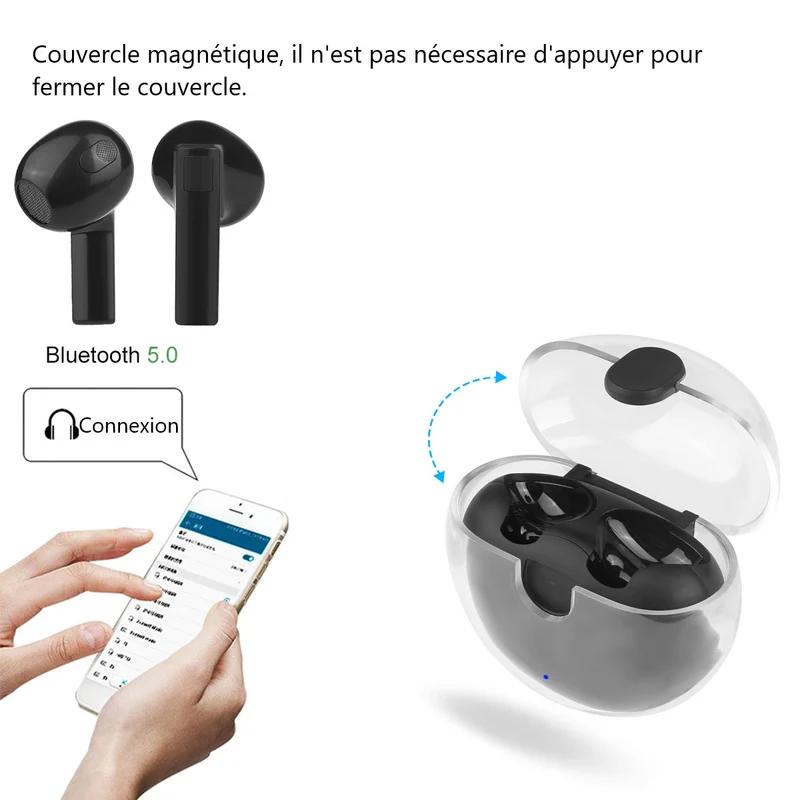 Ecouteurs Bluetooth avec Reduction de Bruit - Noir boitier transparent
