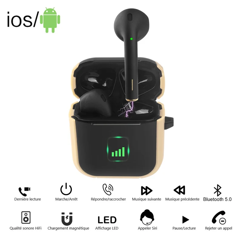 Ecouteurs Bluetooth sans Fil - Noir boitier coque beige