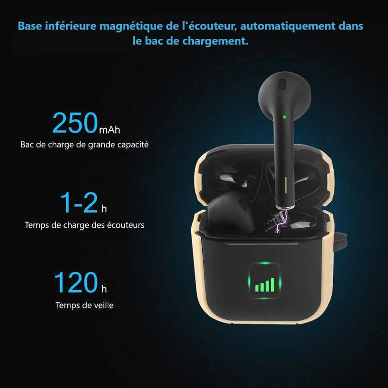 Ecouteurs Bluetooth sans Fil - Noir boitier coque beige