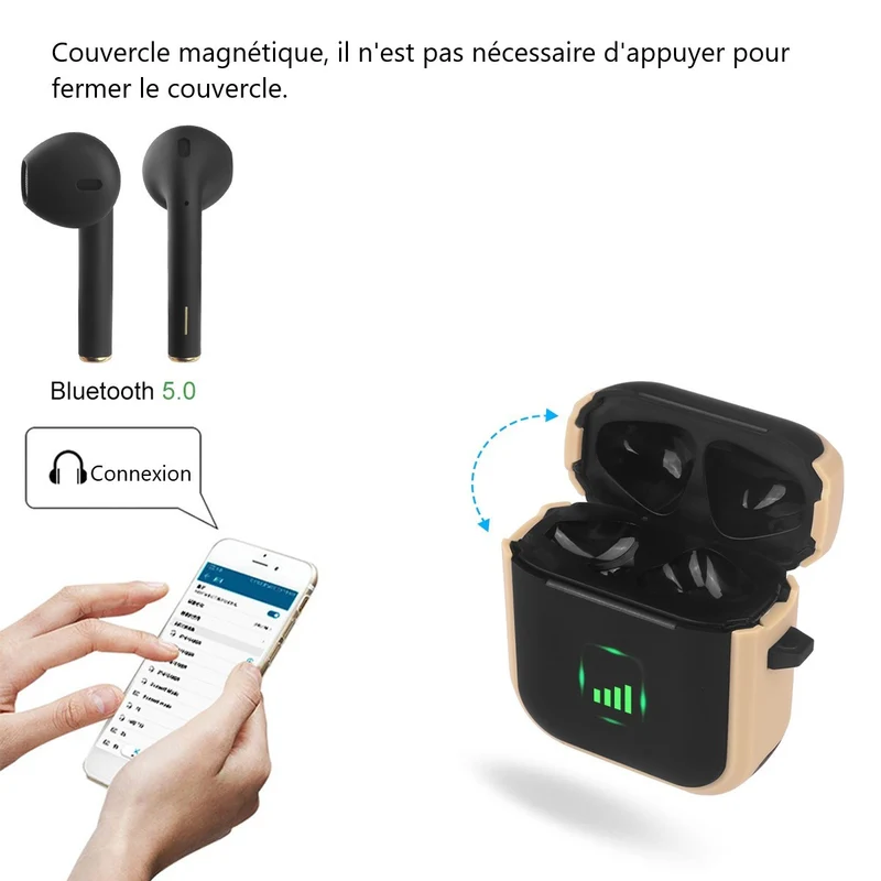 Ecouteurs Bluetooth sans Fil - Noir boitier coque beige